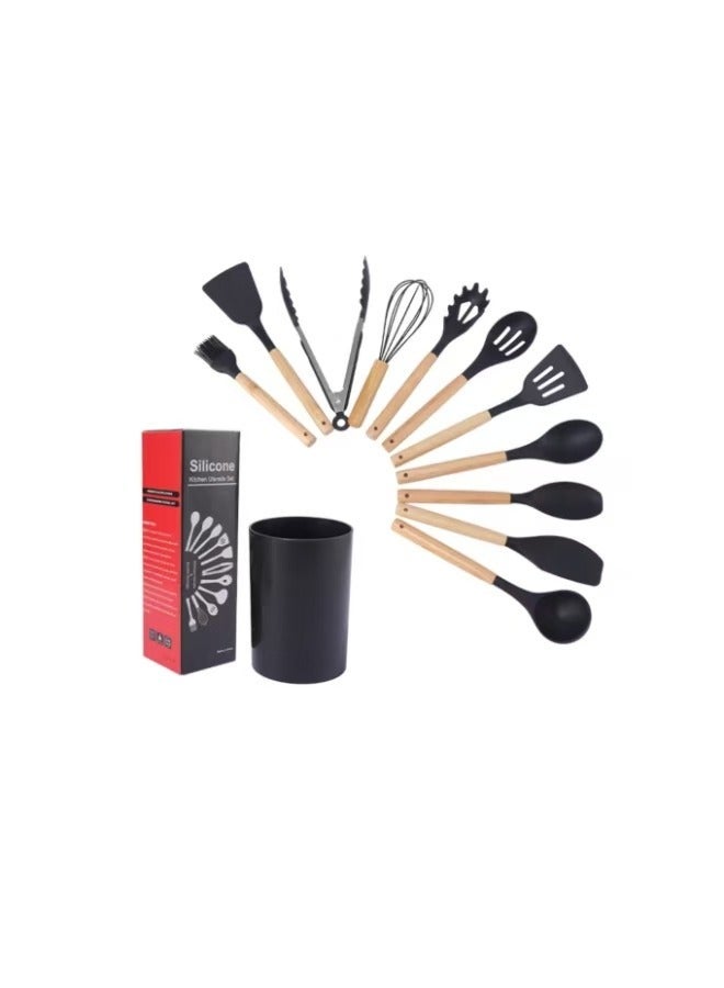 مجموعة أدوات طبخ مكونة من 11 قطعة مع يداوي خشبية، تتضمن أدوات مطبخ، صكك طبخ، أدوات طبخ من السليكون، وسطائح طبخ لا تلتصق، ومقاومة للحرارة باللون الأسود. - Image 1