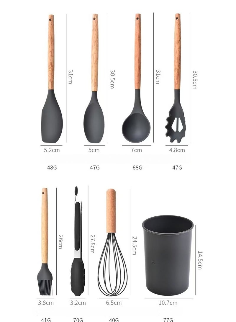 مجموعة أدوات طبخ مكونة من 11 قطعة مع يداوي خشبية، تتضمن أدوات مطبخ، صكك طبخ، أدوات طبخ من السليكون، وسطائح طبخ لا تلتصق، ومقاومة للحرارة باللون الأسود. - Image 4