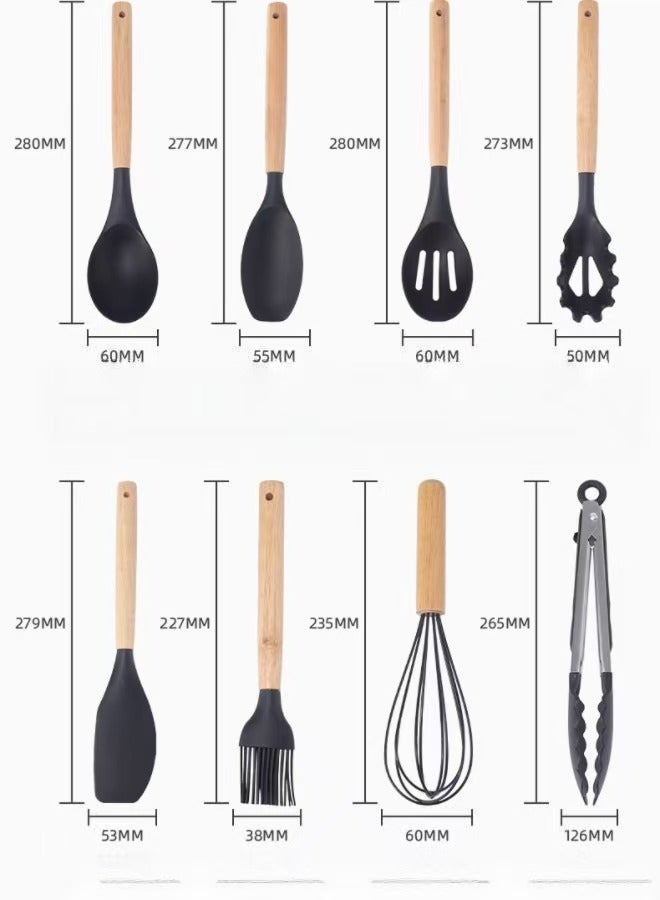 Silicone 11-Piece Cooking Utensils Set With Wooden Handles ,Kitchen Utensils,Spatula,Silicone Utensils, Nonstick Cookware, Heat Resistance Black  - Image 4