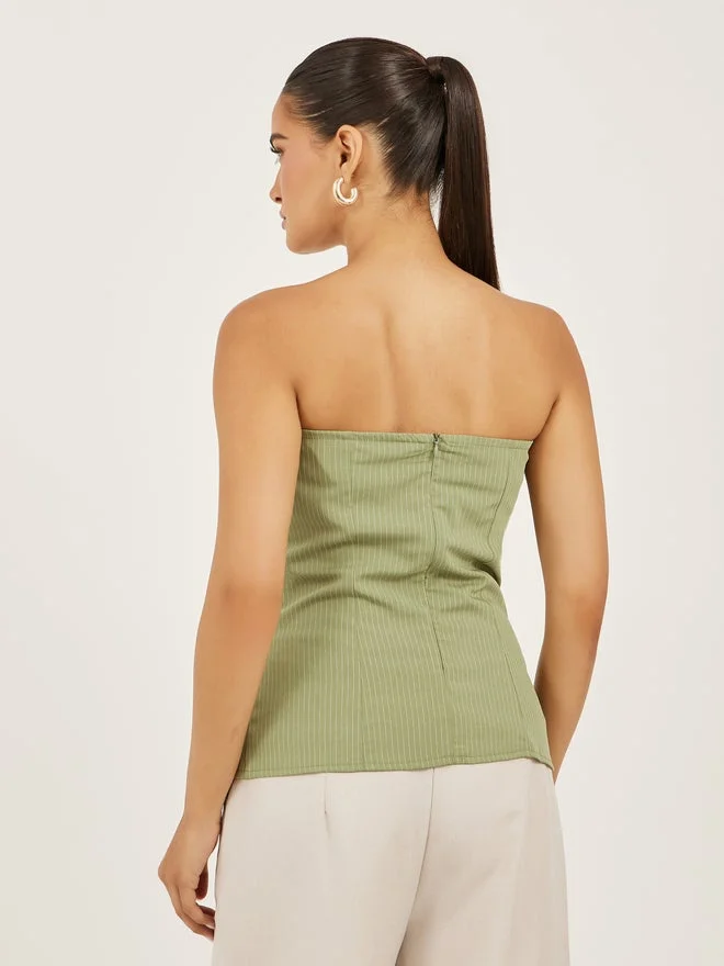 Styli Styli Green Striped Strapless Bandeau Top