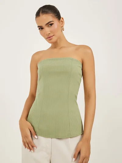 Styli Styli Green Striped Strapless Bandeau Top