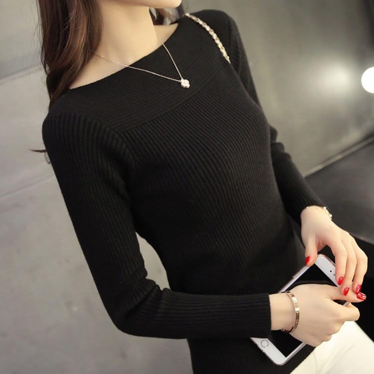 BAGILO Cotton Blend One-Line Collar Sweater Women's Bottom Coat New Top Slim Knit Pullover Sweaters Korean Style Winter Slim Pull Knitwear Black, Free Size - Image 2