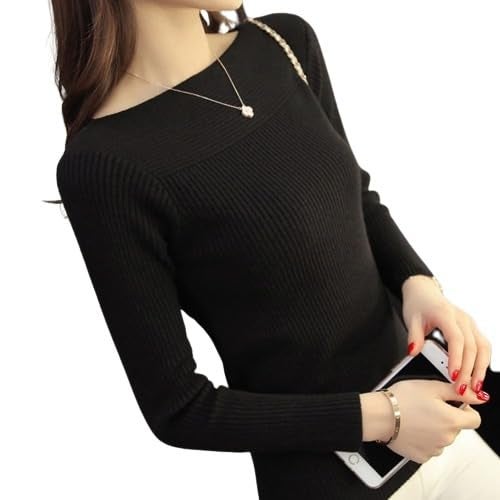 BAGILO Cotton Blend One-Line Collar Sweater Women's Bottom Coat New Top Slim Knit Pullover Sweaters Korean Style Winter Slim Pull Knitwear Black, Free Size - Image 4