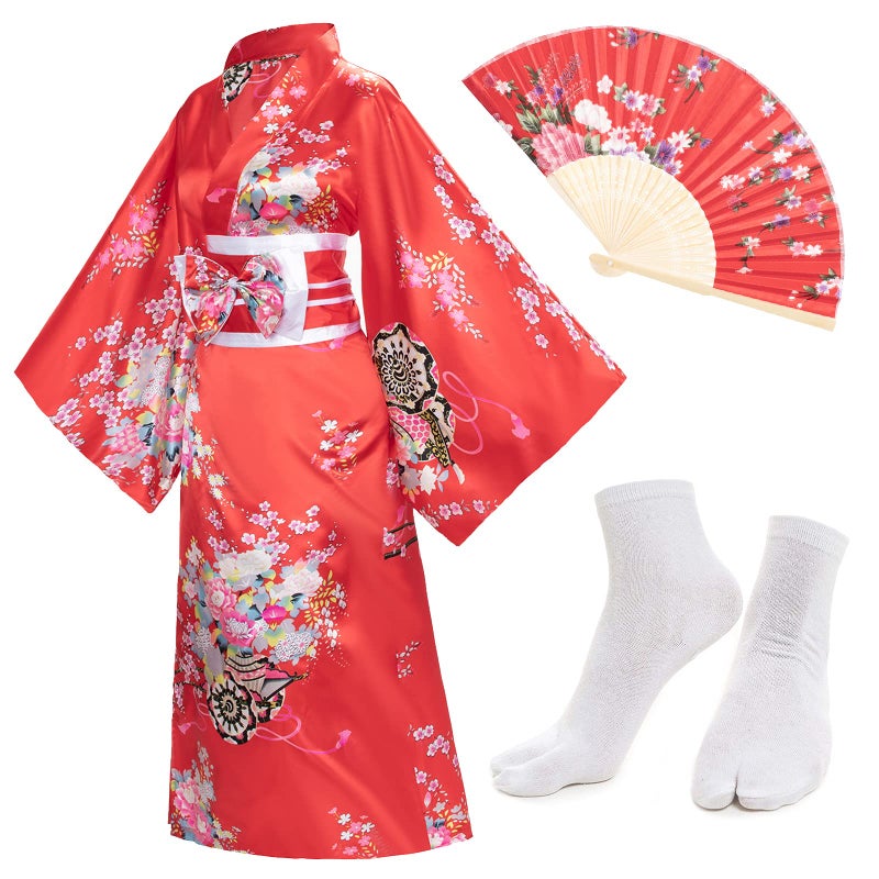 Japanese Anime Womens Kimono Robe Geisha Yukata Sweet Dress Blossom Satin Bathrobe Sleepwear Fans Tabi Socks Set Red Plus Size