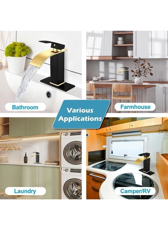 Black Golden Single Handle Bathroom Sink Faucet With Deck Plate And Pop Up Drain - Image 5