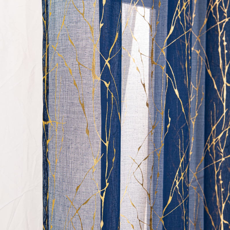Deeprove الستائر الشفافة العميقة 84 بوصة الطول 2 لوحات شجرة فرع الذهب رقائق البطانية المعادن لغرفة النوم مجردة ديكور عيد الميلاد فوي النافذة الستائر زوج قضيب الجيب W52 x L 84 "" البحرية الأزرق - Image 5