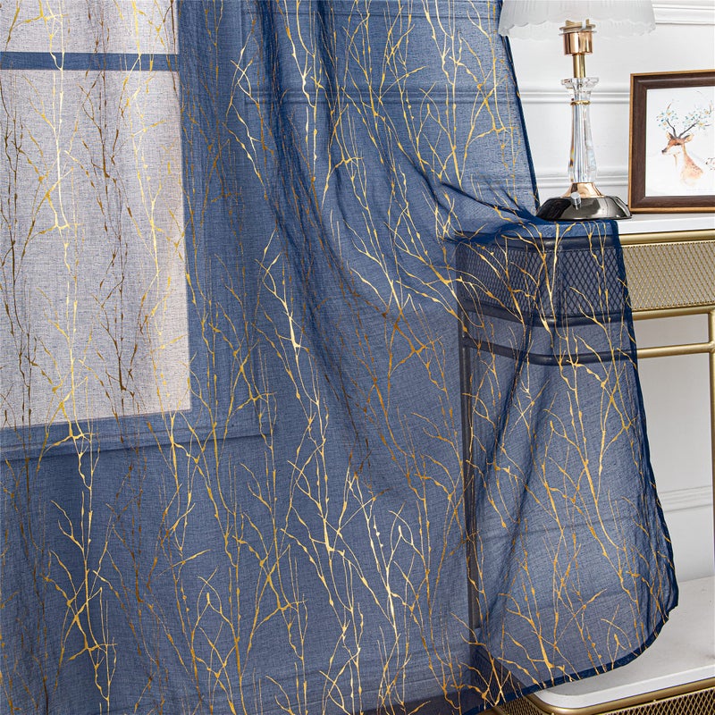 Deeprove الستائر الشفافة العميقة 84 بوصة الطول 2 لوحات شجرة فرع الذهب رقائق البطانية المعادن لغرفة النوم مجردة ديكور عيد الميلاد فوي النافذة الستائر زوج قضيب الجيب W52 x L 84 "" البحرية الأزرق - Image 2