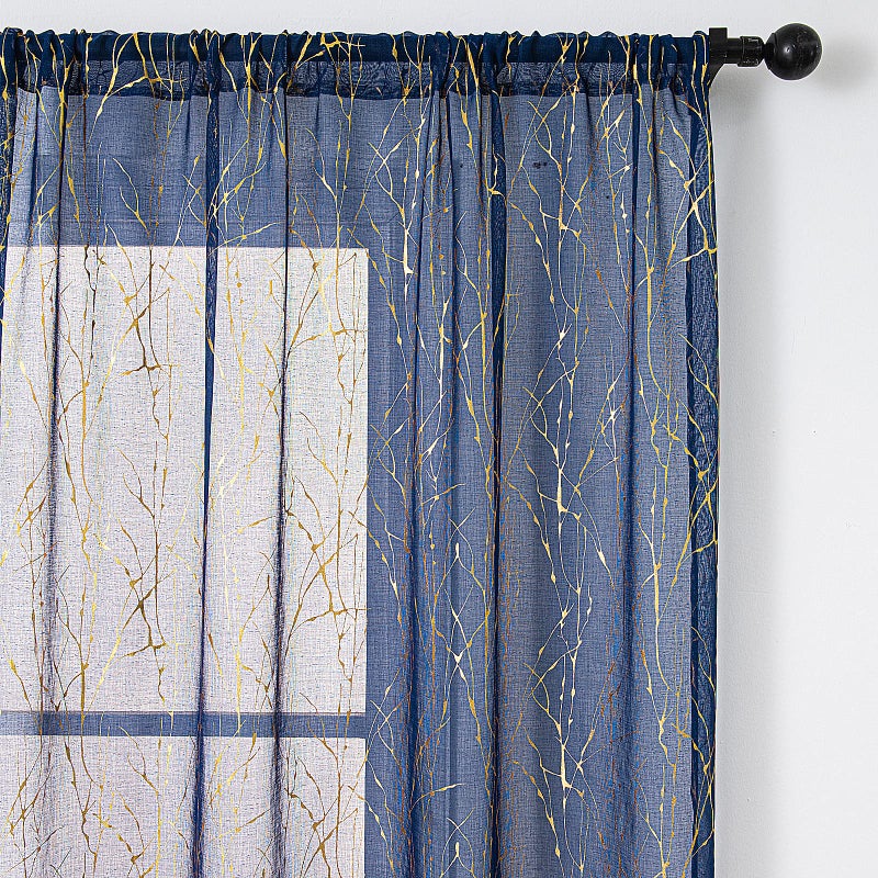 Deeprove الستائر الشفافة العميقة 84 بوصة الطول 2 لوحات شجرة فرع الذهب رقائق البطانية المعادن لغرفة النوم مجردة ديكور عيد الميلاد فوي النافذة الستائر زوج قضيب الجيب W52 x L 84 "" البحرية الأزرق - Image 1