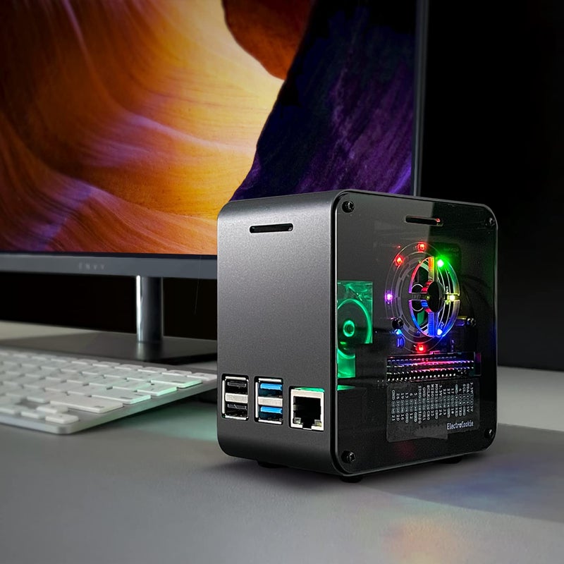ElectroCookie Raspberry Pi 4 Case, Aluminum Mini Tower Case with Cooling Fan and Color Changing Ambient Light (Matte Black & Dark Gray) - Image 2