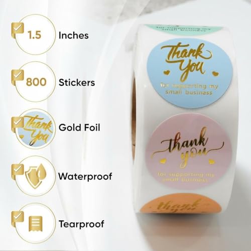 IBAKE 800 Thank You Stickers – 1.5" Round Labels (5 Designs, Multicolor) for Small Business, Packaging, Envelopes, Gift Bags, Bakery, Party Favors – Self-Adhesive Waterproof Thank You Sticker Roll - Image 3