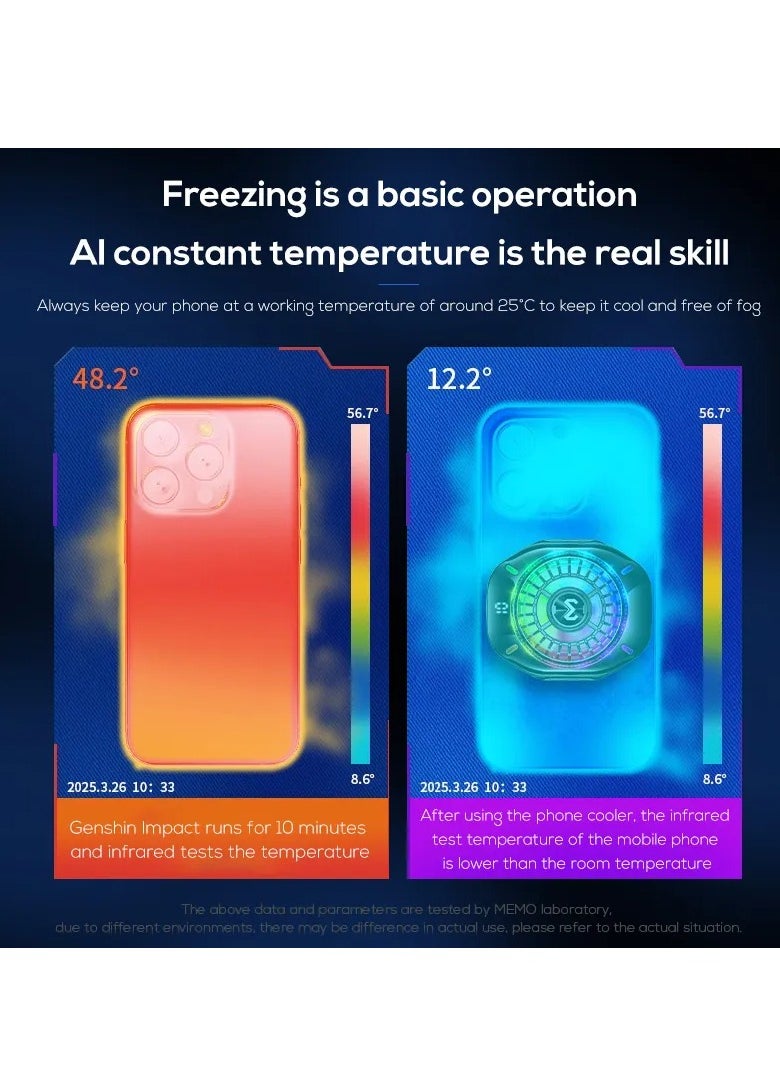 MEMO CX10 AI Modes Gaming Cooler – Rapid Icing, AI Constant Temperature, Multi-Style RGB LED Lights – Semiconductor + Air Cooling Phone Radiator for Mobile Gaming, Live Streaming – Magnetic Clip, Ice-Freezing Tech, Type-C 5V/2A
