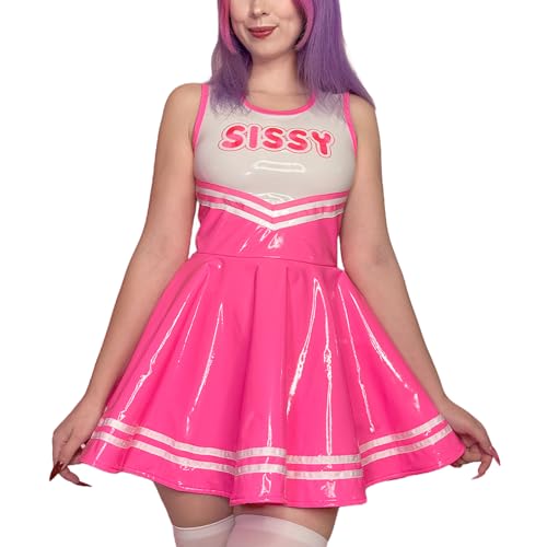Littleforbig Women Sleeveless Overall Cheer Sissy Faux Leather Bodycon Mini Dress Skirt Pink XL - Image 1