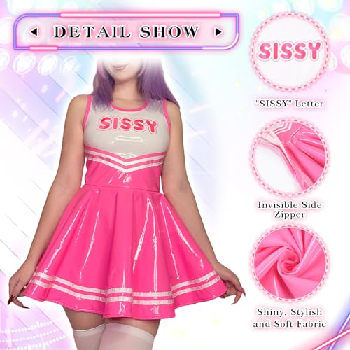 Littleforbig Women Sleeveless Overall Cheer Sissy Faux Leather Bodycon Mini Dress Skirt Pink XL - Image 4