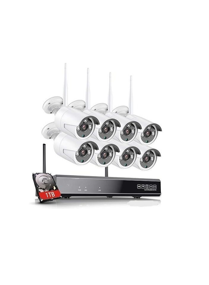 نظام كاميرات مراقبة لاسلكي 8 قنوات قابل للتوسيع - 5 ميجا بيكسل مع NVR واي فاي و4 كاميرات خارجية 3 ميجا بيكسل، متوافق مع أليكسا، صوت أحادي الاتجاه، كشف الحركة بالذكاء الاصطناعي - Image 1