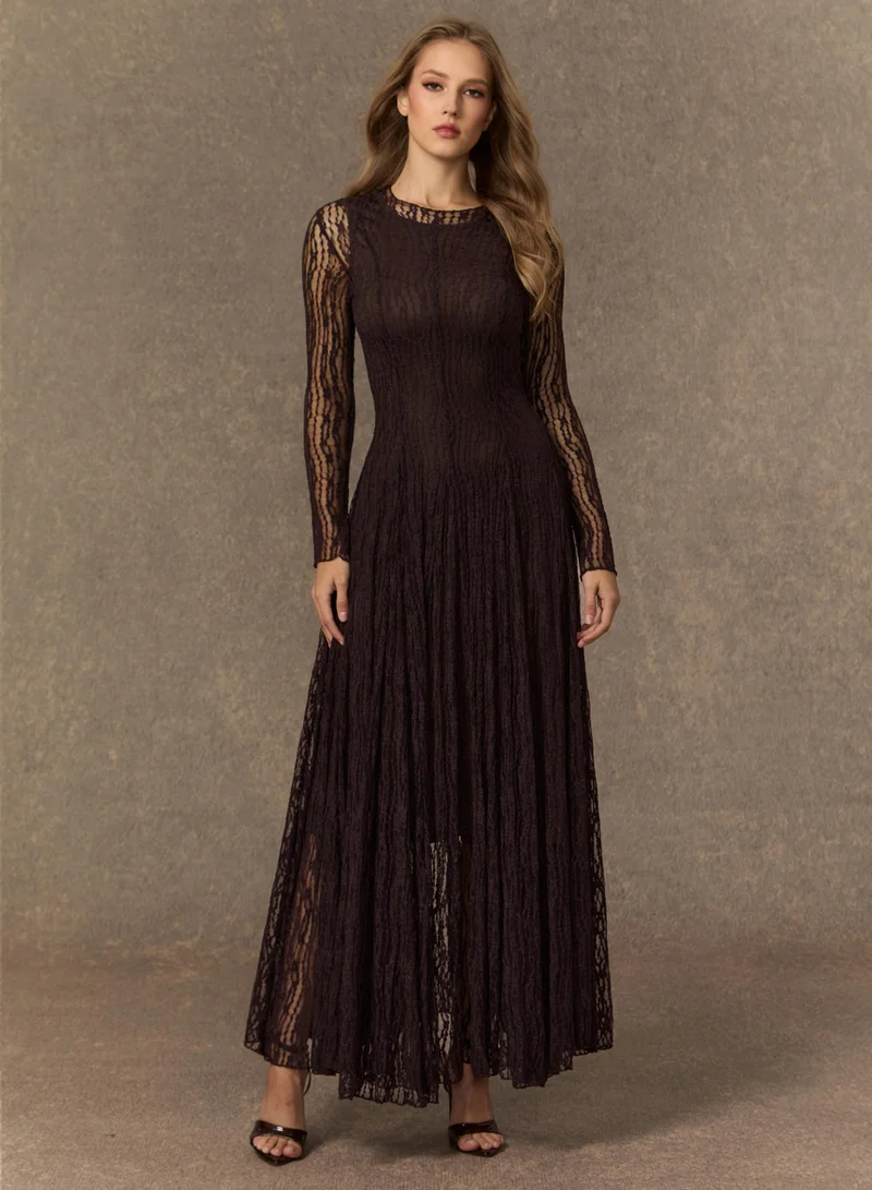 سنفير Momentous Moments Brown Sheer Lace Pleated Maxi Dress