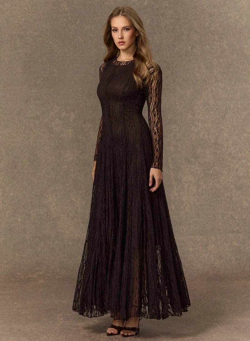 سنفير Momentous Moments Brown Sheer Lace Pleated Maxi Dress