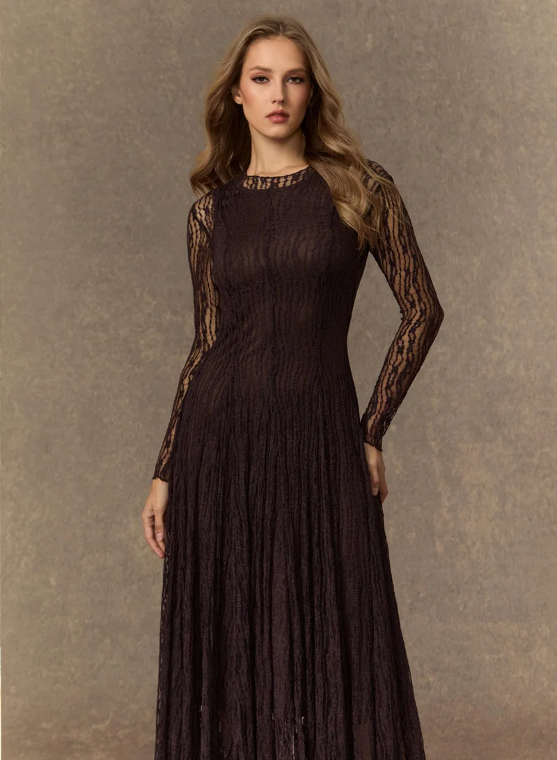 Sunfere  Momentous Moments Brown Sheer Lace Pleated Maxi Dress for Women | Best Price UAE