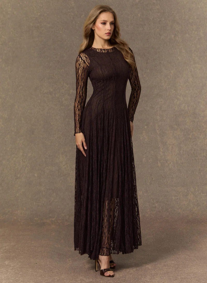 Sunfere  Momentous Moments Brown Sheer Lace Pleated Maxi Dress for Women | Best Price UAE