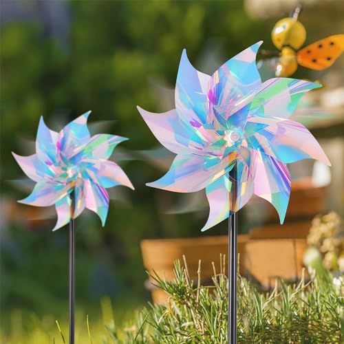 Hausse 10 Pack Reflective Pinwheels Wind Spinner, Extra Sparkly Pinwheel with Stakes, Bird Repellent Blinder Devices Deterrent to Scare Birds Away from Yard Patio Farm Garden, Transparent Rainbow - Image 4
