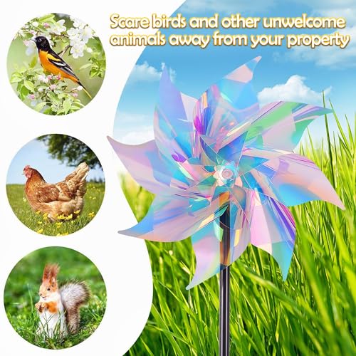 Hausse 10 Pack Reflective Pinwheels Wind Spinner, Extra Sparkly Pinwheel with Stakes, Bird Repellent Blinder Devices Deterrent to Scare Birds Away from Yard Patio Farm Garden, Transparent Rainbow - Image 5