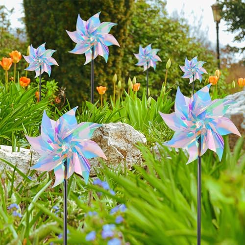 Hausse 10 Pack Reflective Pinwheels Wind Spinner, Extra Sparkly Pinwheel with Stakes, Bird Repellent Blinder Devices Deterrent to Scare Birds Away from Yard Patio Farm Garden, Transparent Rainbow - Image 2