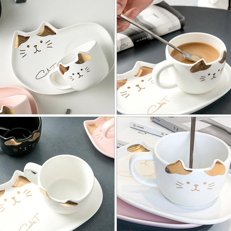 White Porcelain Cat Coffee Cup and Saucer Set 200Ml with Gold Trim for Home Entertaining - Image 4