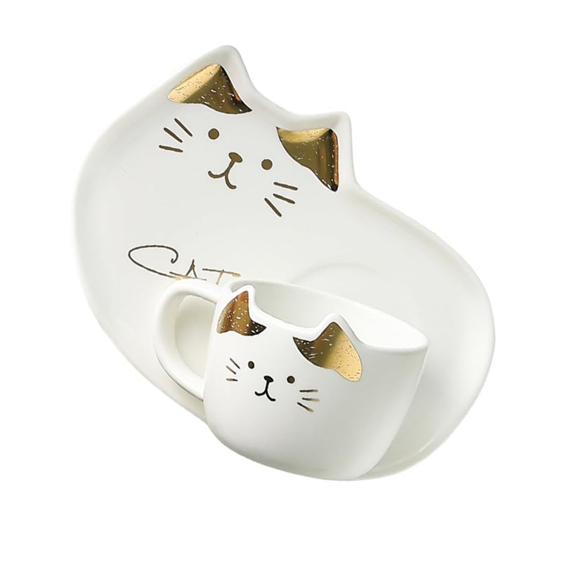 White Porcelain Cat Coffee Cup and Saucer Set 200Ml with Gold Trim for Home Entertaining - Image 2