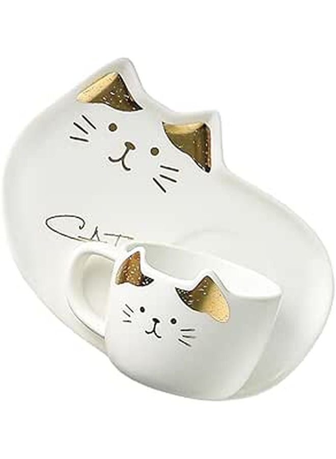 White Porcelain Cat Coffee Cup and Saucer Set 200Ml with Gold Trim for Home Entertaining - Image 1