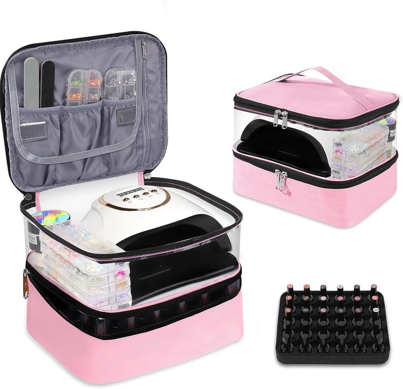 Nail Polish Storage Bag Double Layer for 30 Bottles and UV Lamp, Portable Nail Polish Organiser, Cosmetic Case for Women for Nail Design