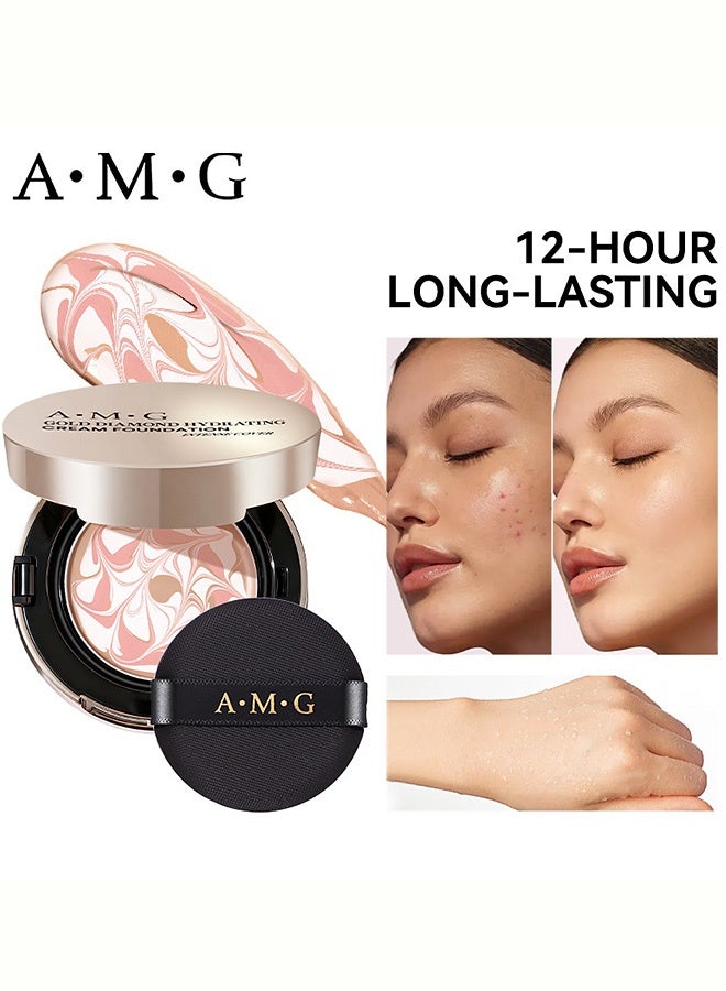 A.M.G Gold Diamond Hydrating Cream Foundation, Tri-color Marble Cushion Foundation, Long-Lasting Luminous Dewy Finish, Moisturizing Full Coverage Base Makeup with Puff 23#Natural - Image 1
