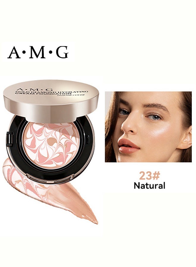 A.M.G Gold Diamond Hydrating Cream Foundation, Tri-color Marble Cushion Foundation, Long-Lasting Luminous Dewy Finish, Moisturizing Full Coverage Base Makeup with Puff 23#Natural - Image 2