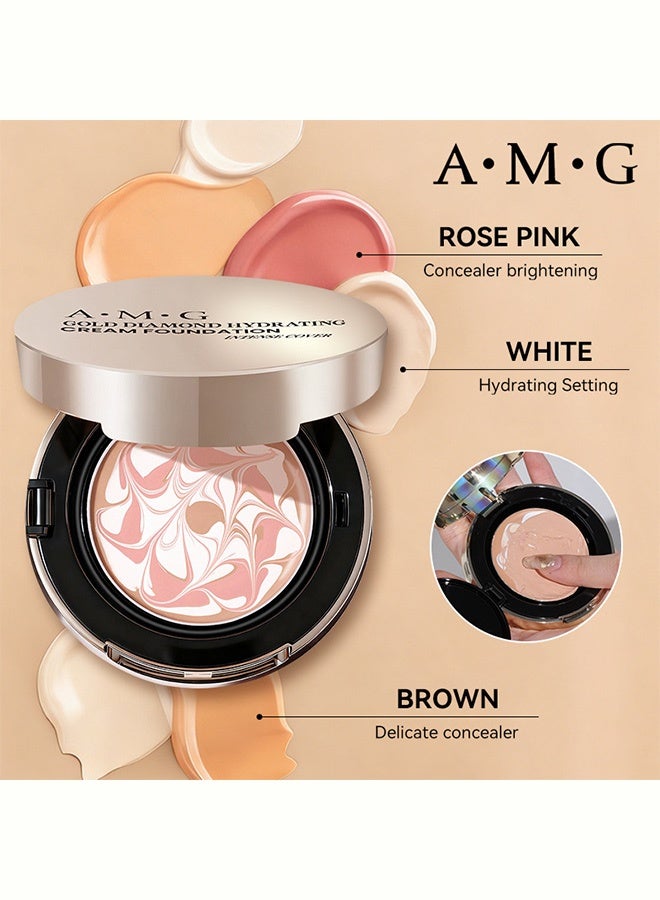 A.M.G Gold Diamond Hydrating Cream Foundation, Tri-color Marble Cushion Foundation, Long-Lasting Luminous Dewy Finish, Moisturizing Full Coverage Base Makeup with Puff 23#Natural - Image 4