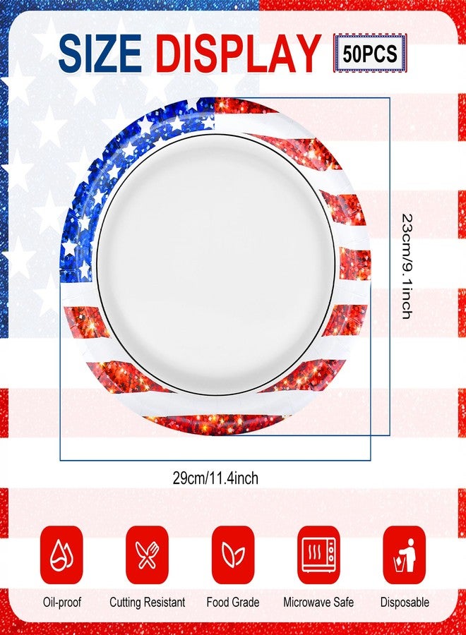 PhyLence 50 Pcs 4th of July Plates, 9 x 11 Inch Oval Patriotic Paper Plates with American Flag Stars and Stripes Design for Independence Day BBQ Party - Image 2