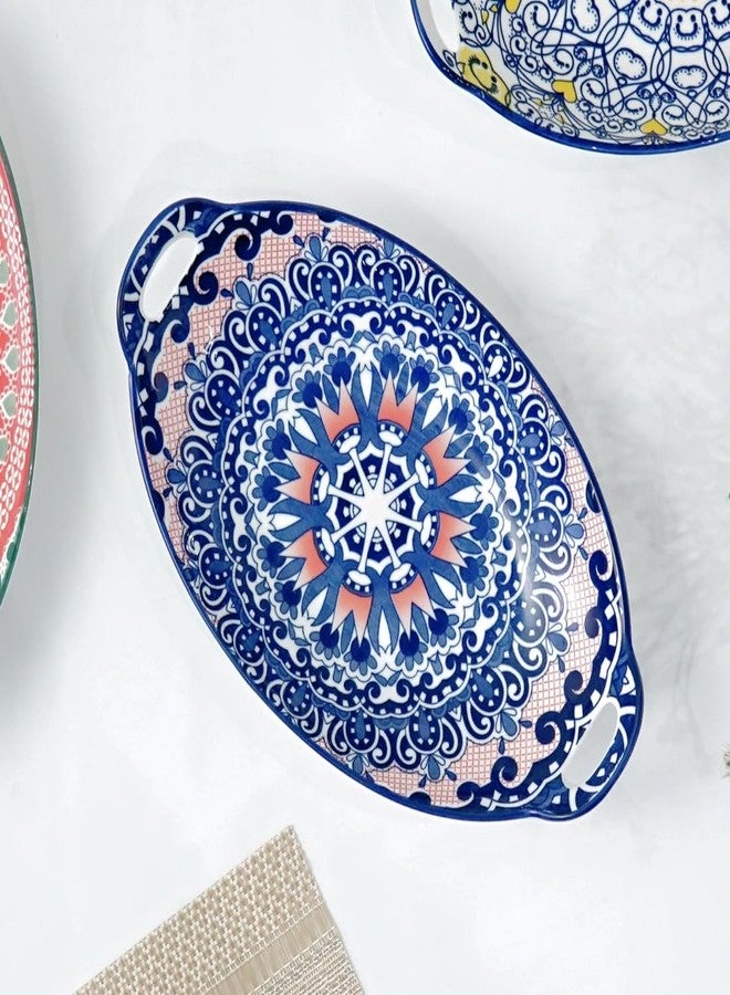 Femora Ceramic Serving Platter with Handles | Blue Mandala Print Microwave & Dishwasher Safe Serveware | Ideal for Gifting, Serving Snacks, Appetizers, Salads, Starters & Noodles - Image 1