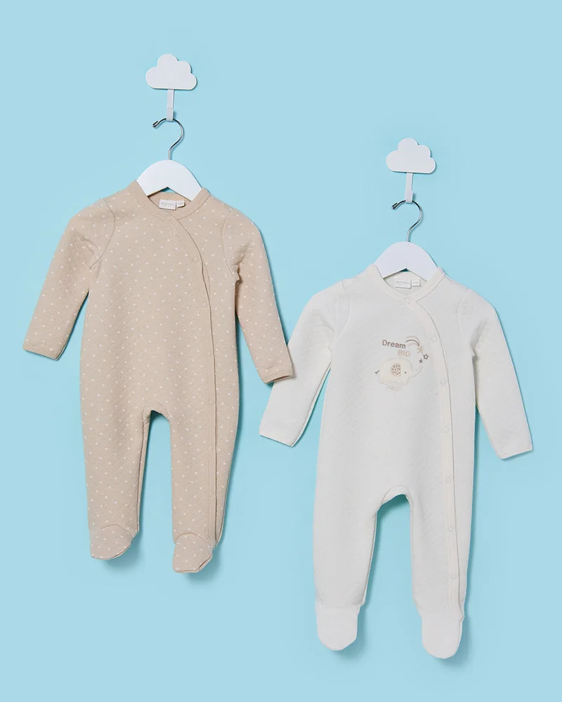 Redtag Baby Beige And White Jacquard Sleepsuit Set (2 Piece)