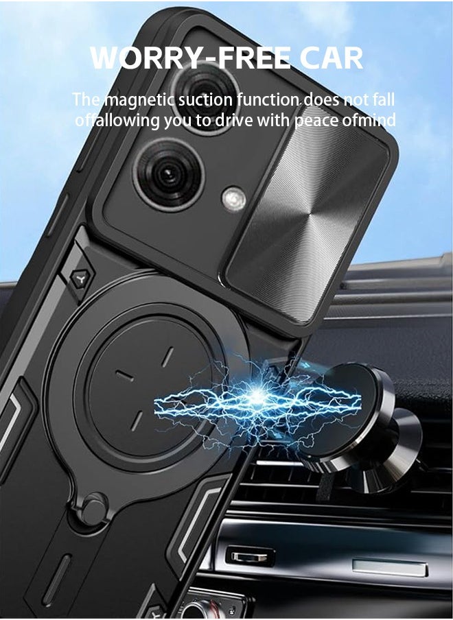 Armor Case for Motorola Moto G54 5G 6.5-inch, Lens Sliding Phone Cover with Magnetic Coil Bracket for Motorola Moto G54 5G (Black)