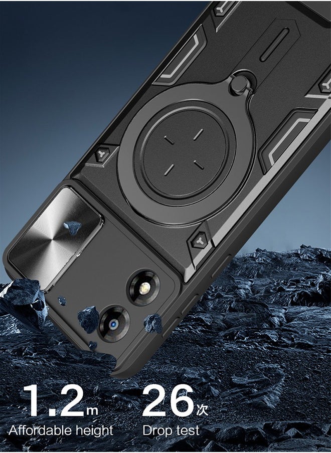 Armor Case for Motorola Moto G54 5G 6.5-inch, Lens Sliding Phone Cover with Magnetic Coil Bracket for Motorola Moto G54 5G (Black)