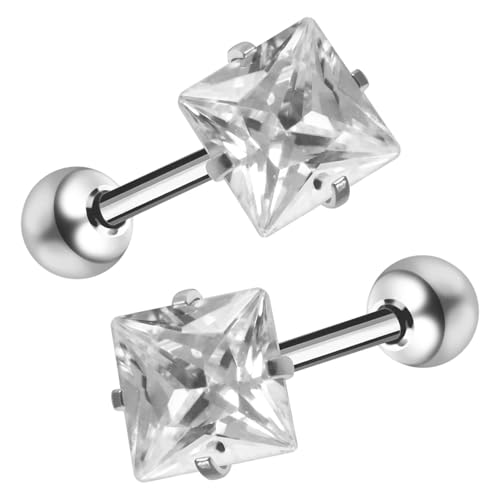 VAMA FASHIONS 18K Silver-Plated Trendy Square-Cut Minimalist Barbell Stud Earring with Brilliant CZ Stone Sleek Design Ear Stud For Mens - Image 1