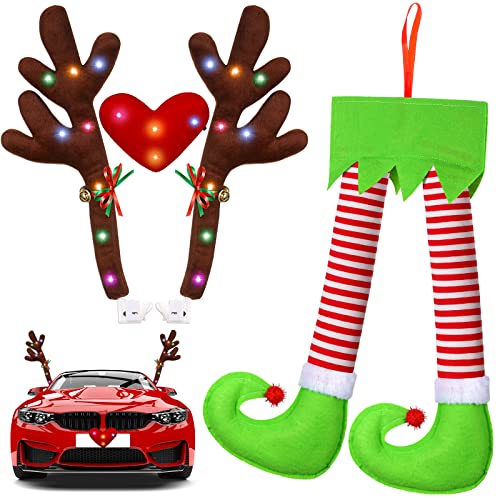 Frienda 2 Pieces Car Reindeer Antler Kit Christmas Decorations with LED Lights Hanging Santa Claus Legs and Deer Nose Star Candy Canes Auto Accessories for Christmas Car DecorationsStriped Style - Image 1