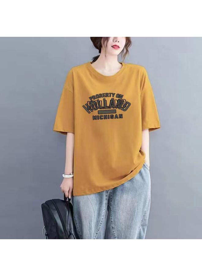 VUELO Cotton Short-sleeved T-shirt Women's Summer New Korean-style Loose Printed Large Size All-match Slim-fit Round Neck Top Base Shirt 