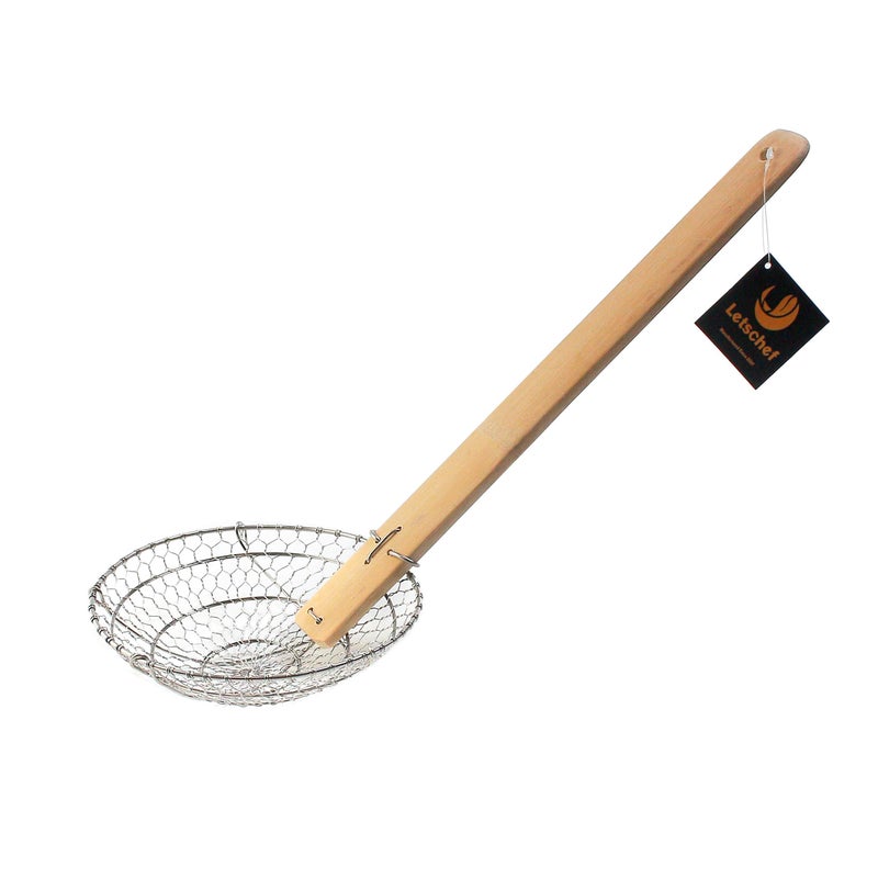 Letschef Stainless Steel Spider Strainer Asian Kitchen Wire Food Cooking Skimmer With Natural Bamboo Handle 7Inch HandMade