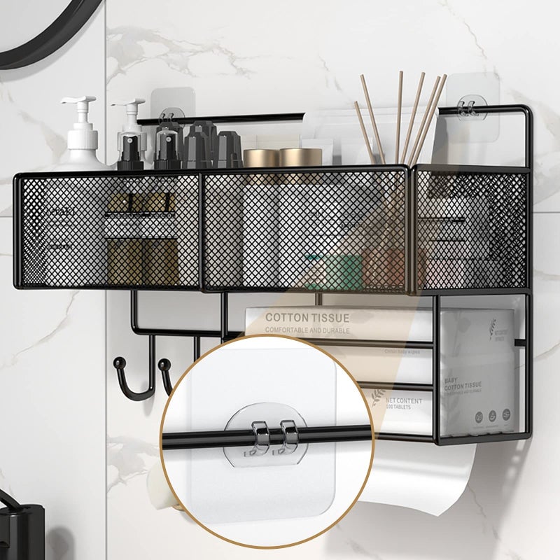 wolpin Metal Rectangular Multipurpose Wall Mount Shelves With Towel Hanger Hooks Floating Shelves Self-Adhesive Sticker Hooks Wall Holder Bathroom Storage Tissue Box Strong Shower Rack Shelf-Black - Image 4