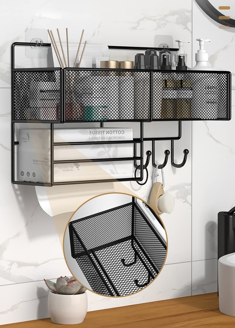 wolpin Metal Rectangular Multipurpose Wall Mount Shelves With Towel Hanger Hooks Floating Shelves Self-Adhesive Sticker Hooks Wall Holder Bathroom Storage Tissue Box Strong Shower Rack Shelf-Black - Image 5