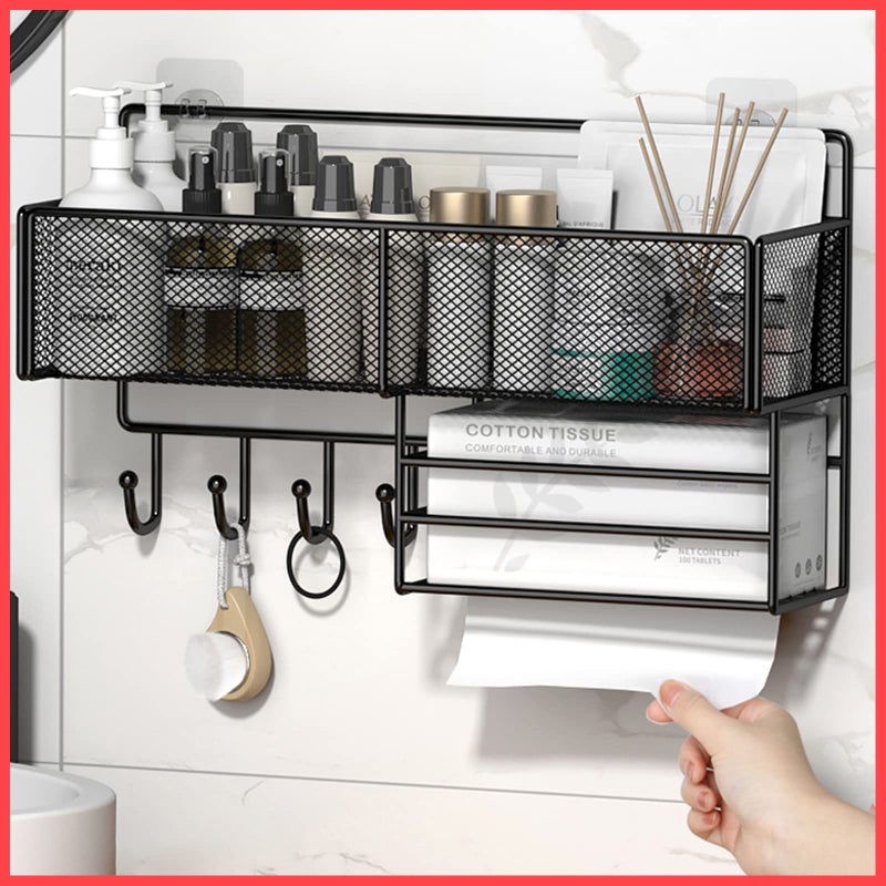 wolpin Metal Rectangular Multipurpose Wall Mount Shelves With Towel Hanger Hooks Floating Shelves Self-Adhesive Sticker Hooks Wall Holder Bathroom Storage Tissue Box Strong Shower Rack Shelf-Black - Image 1