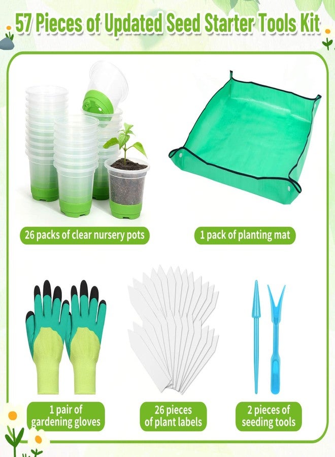 Caffox 57PCS Reusable Seed Starter Kit Includes 26 Packs 4" Clear Nursery Pots with Silicone Base, Repotting Mat, Gardening Gloves, Plant Labels and Seedling Tools for Easy Transplant - Image 2