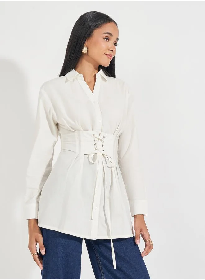 Styli Oversized Longline Shirt with Tie-Up Detail