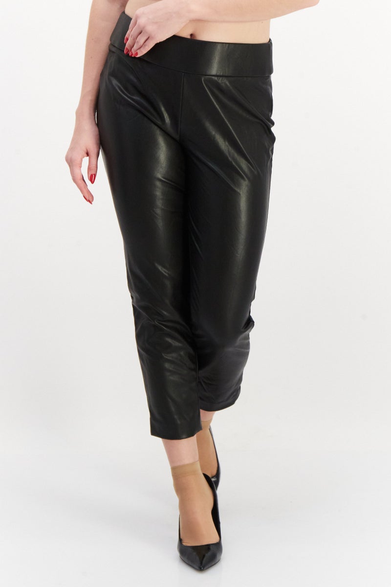 Kasper  Women Petite Solid Faux Leather Pull On Pant, Black - Image 1