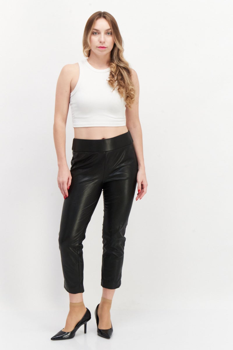 Kasper  Women Petite Solid Faux Leather Pull On Pant, Black - Image 2