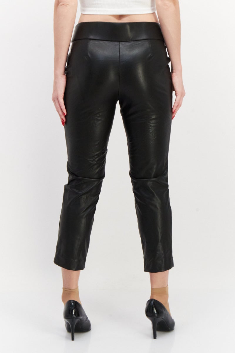 Kasper  Women Petite Solid Faux Leather Pull On Pant, Black - Image 4