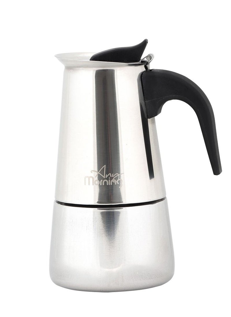 Any Morning - Any Morning Stovetop Espresso Coffee Maker, Stainless Steel Induction Moka Pot Compatible with All Hob Types, Italian Coffee Maker, Percolator Coffee Pot 6 Cups, 10 oz, Silver Colored - Image 1